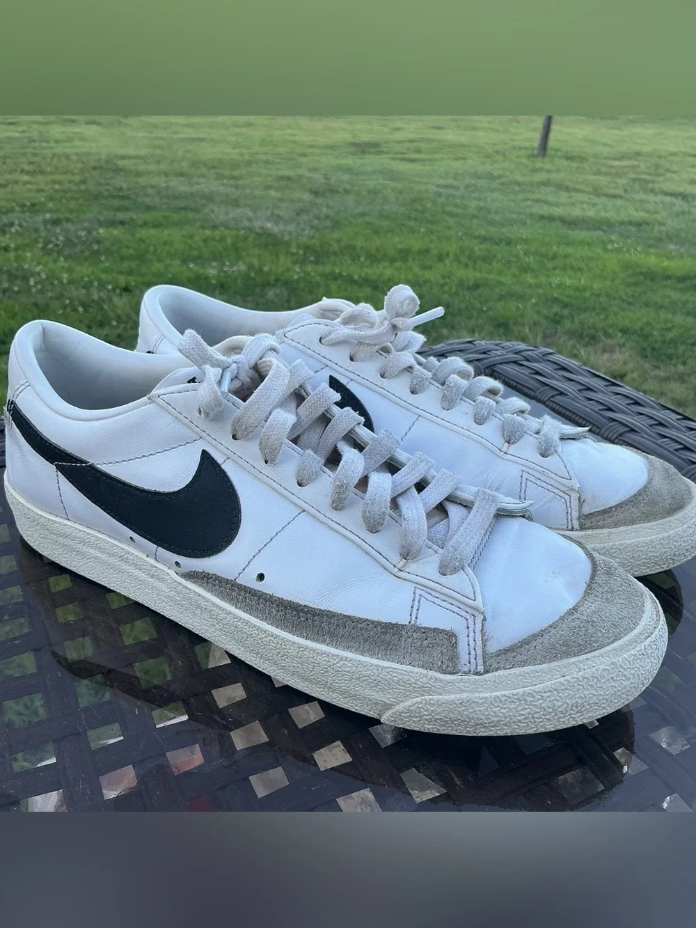 Nike Men’s White Leather Sneakers with Black Swoosh and Gray Suede Trim
